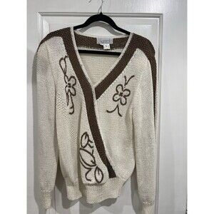 Vtg Nanell Knit Sweater Women’s L Cream Brown Floral Embroidered V-Neck Wt Stone